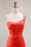 Orange Mermaid Long One Shoulder Ruched Prom Dress with Slit