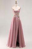 Sparkly Grey Pink Corset Floral A Line Long Prom Dress with Sequins