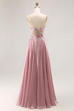 Sparkly Grey Pink Corset Floral A Line Long Prom Dress with Sequins