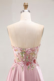 Sparkly Grey Pink Corset Floral A Line Long Prom Dress with Sequins