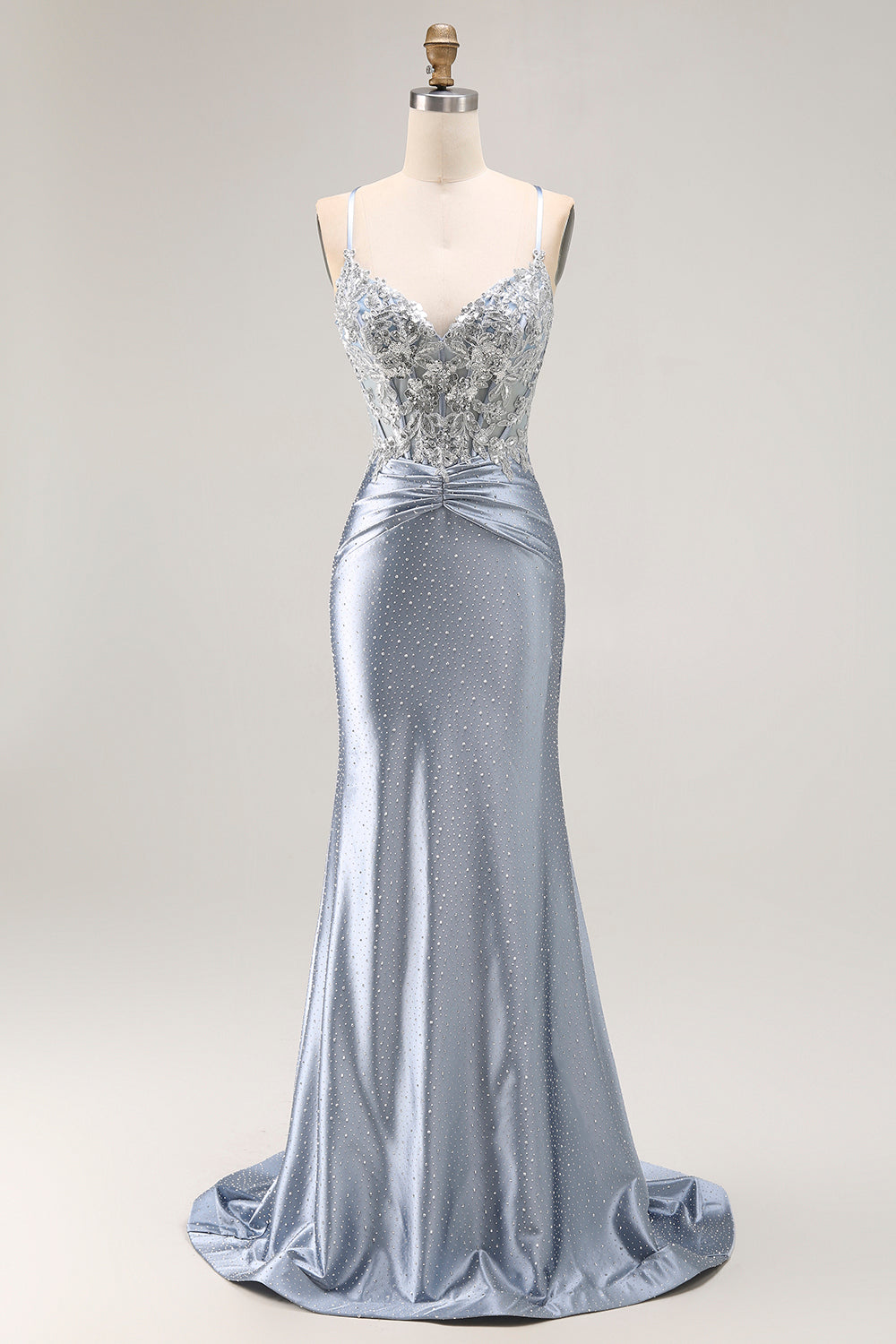 Grey Blue Corset Mermaid Sparkly Beaded Long Prom Dress with Appliques