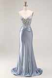 Grey Blue Corset Mermaid Sparkly Beaded Long Prom Dress with Appliques