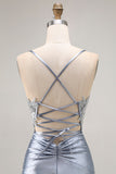 Grey Blue Corset Mermaid Sparkly Beaded Long Prom Dress with Appliques