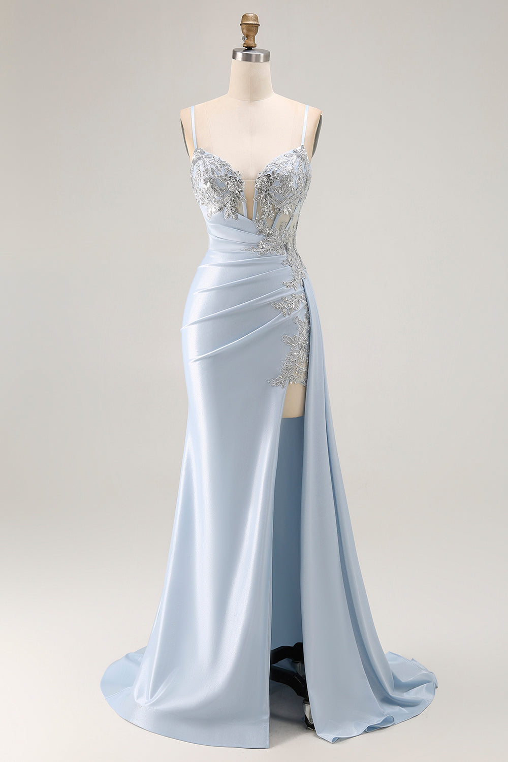 Light Blue Mermaid Corset Ruched Long Prom Dress with Sequins