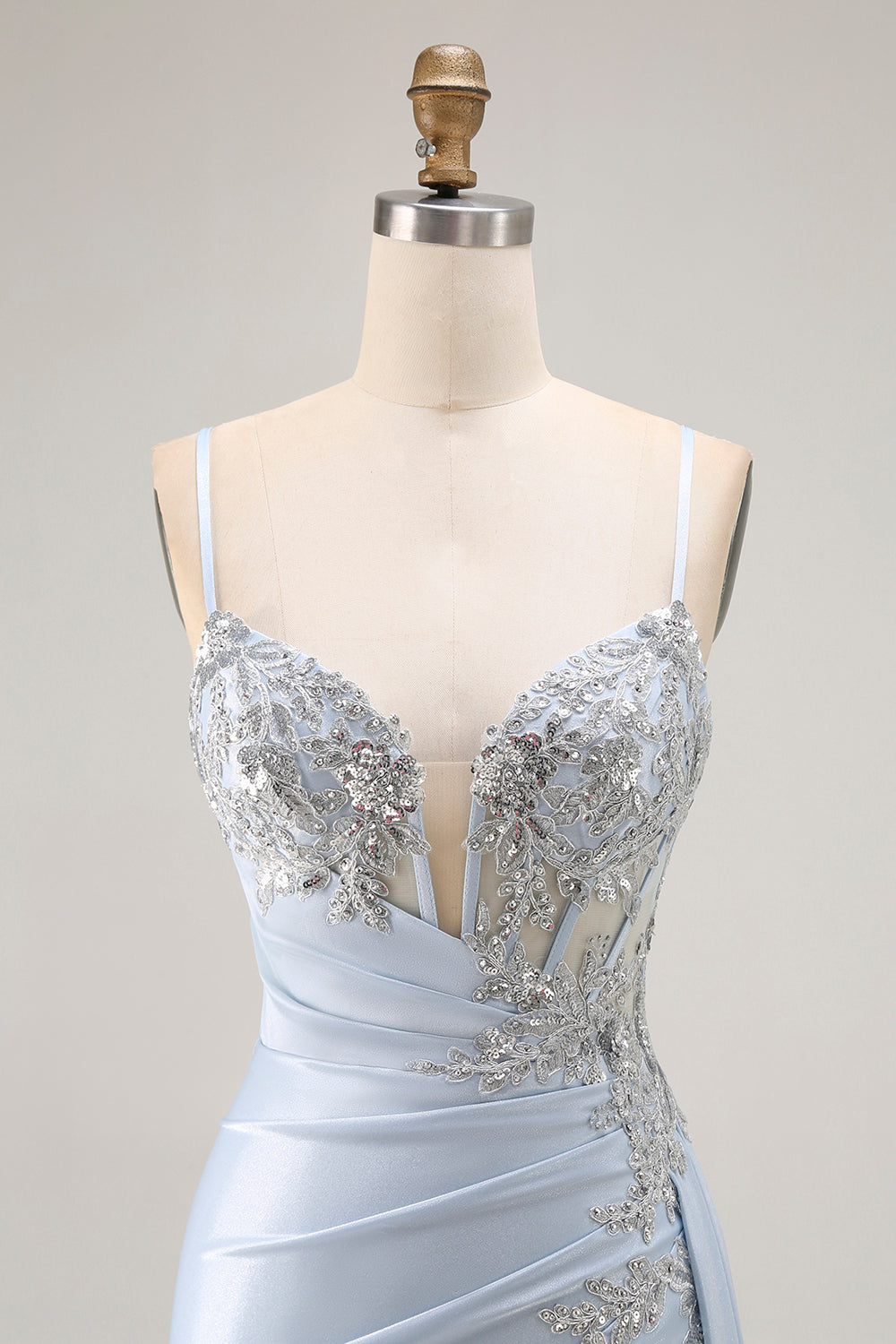 Light Blue Mermaid Corset Ruched Long Prom Dress with Sequins