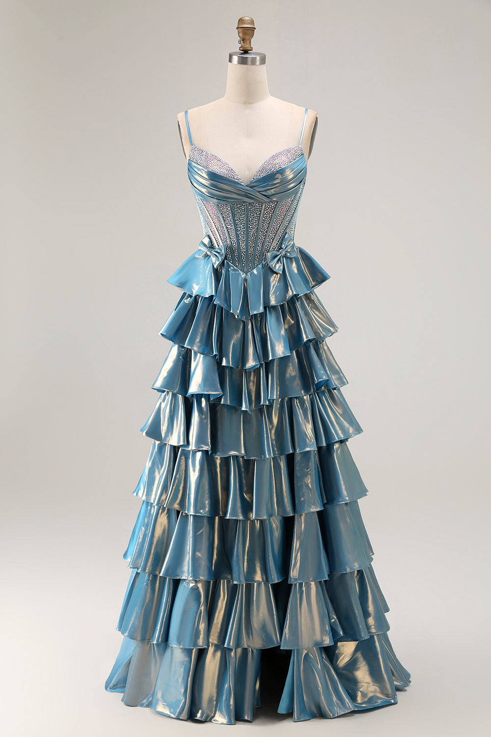 Blue Ruffled Metallic Corset Tiered Long Prom Dress with Beading