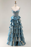 Blue Ruffled Metallic Corset Tiered Long Prom Dress with Beading