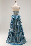 Blue Ruffled Metallic Corset Tiered Long Prom Dress with Beading