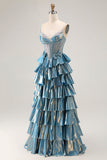 Blue Ruffled Metallic Corset Tiered Long Prom Dress with Beading