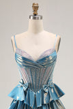 Blue Ruffled Metallic Corset Tiered Long Prom Dress with Beading