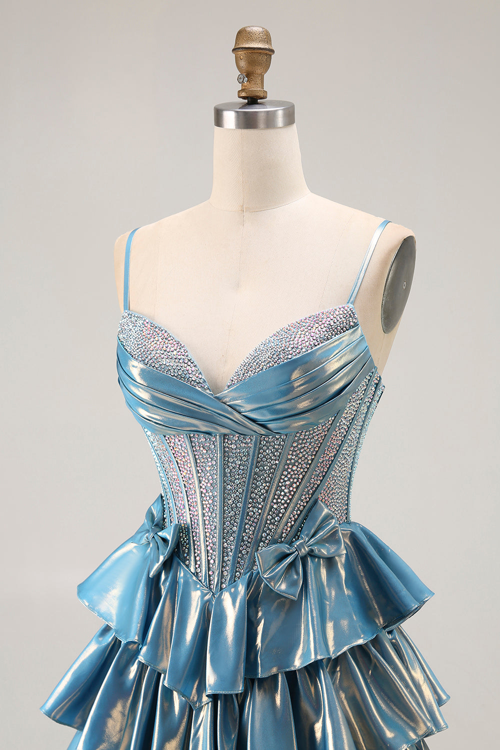 Blue Ruffled Metallic Corset Tiered Long Prom Dress with Beading