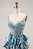 Blue Ruffled Metallic Corset Tiered Long Prom Dress with Beading