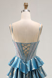 Blue Ruffled Metallic Corset Tiered Long Prom Dress with Beading