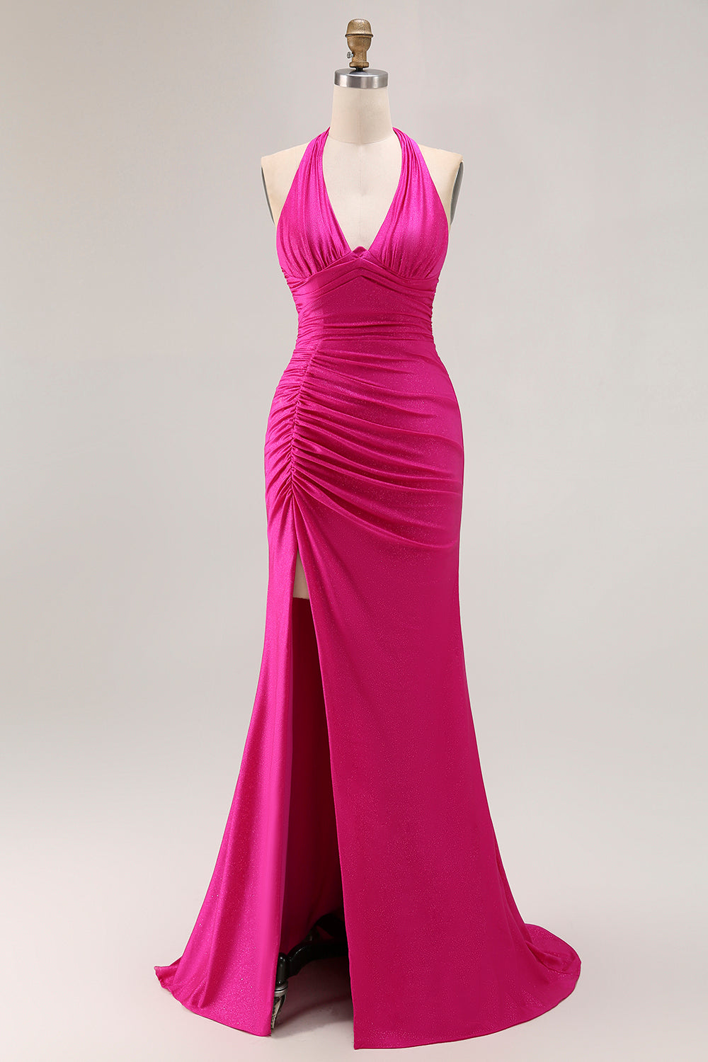 Glitter Fuchsia Mermaid Halter Ruched Long Prom Dress with Slit