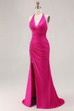 Glitter Fuchsia Mermaid Halter Ruched Long Prom Dress with Slit