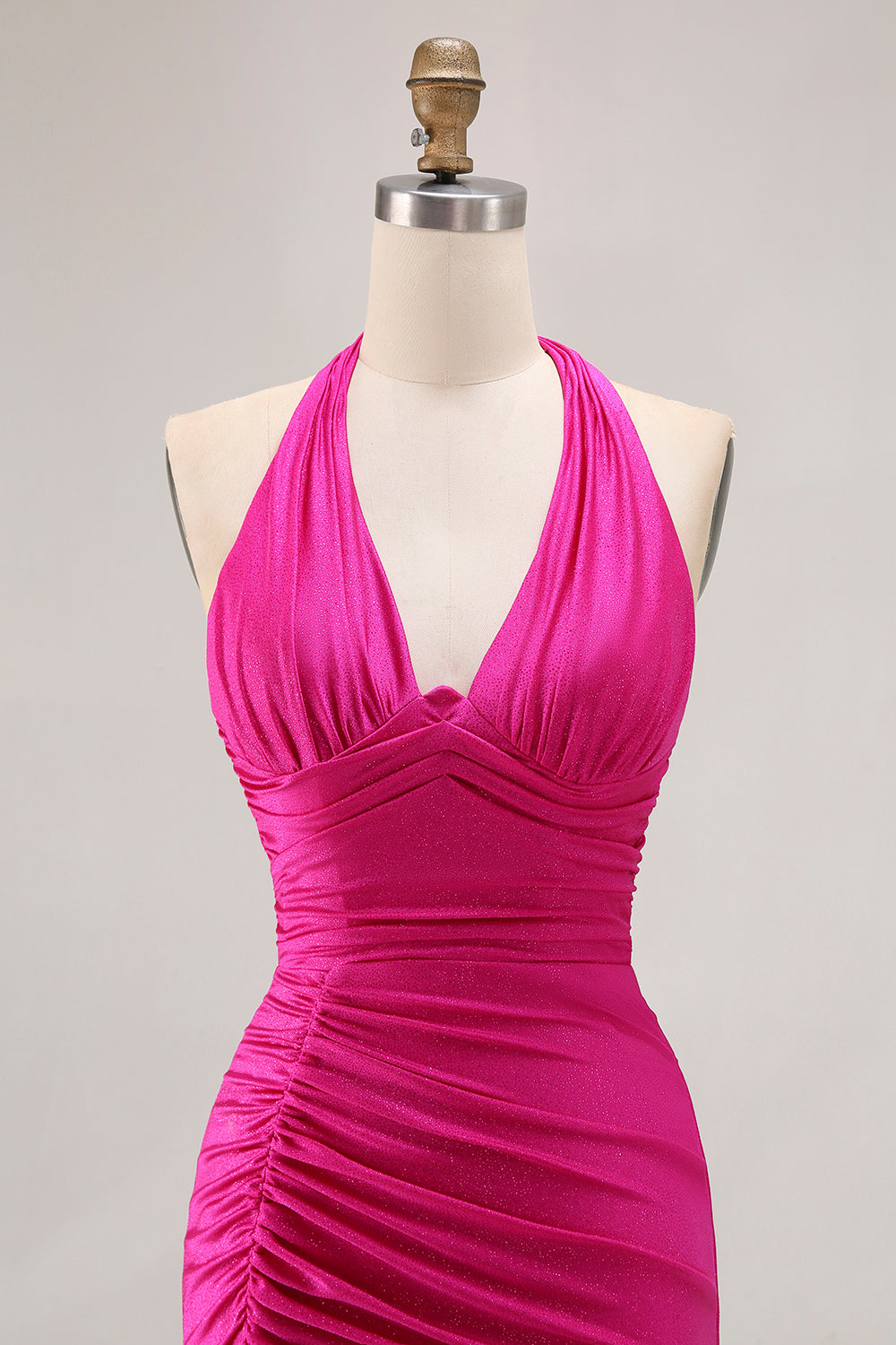 Glitter Fuchsia Mermaid Halter Ruched Long Prom Dress with Slit