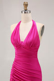 Glitter Fuchsia Mermaid Halter Ruched Long Prom Dress with Slit