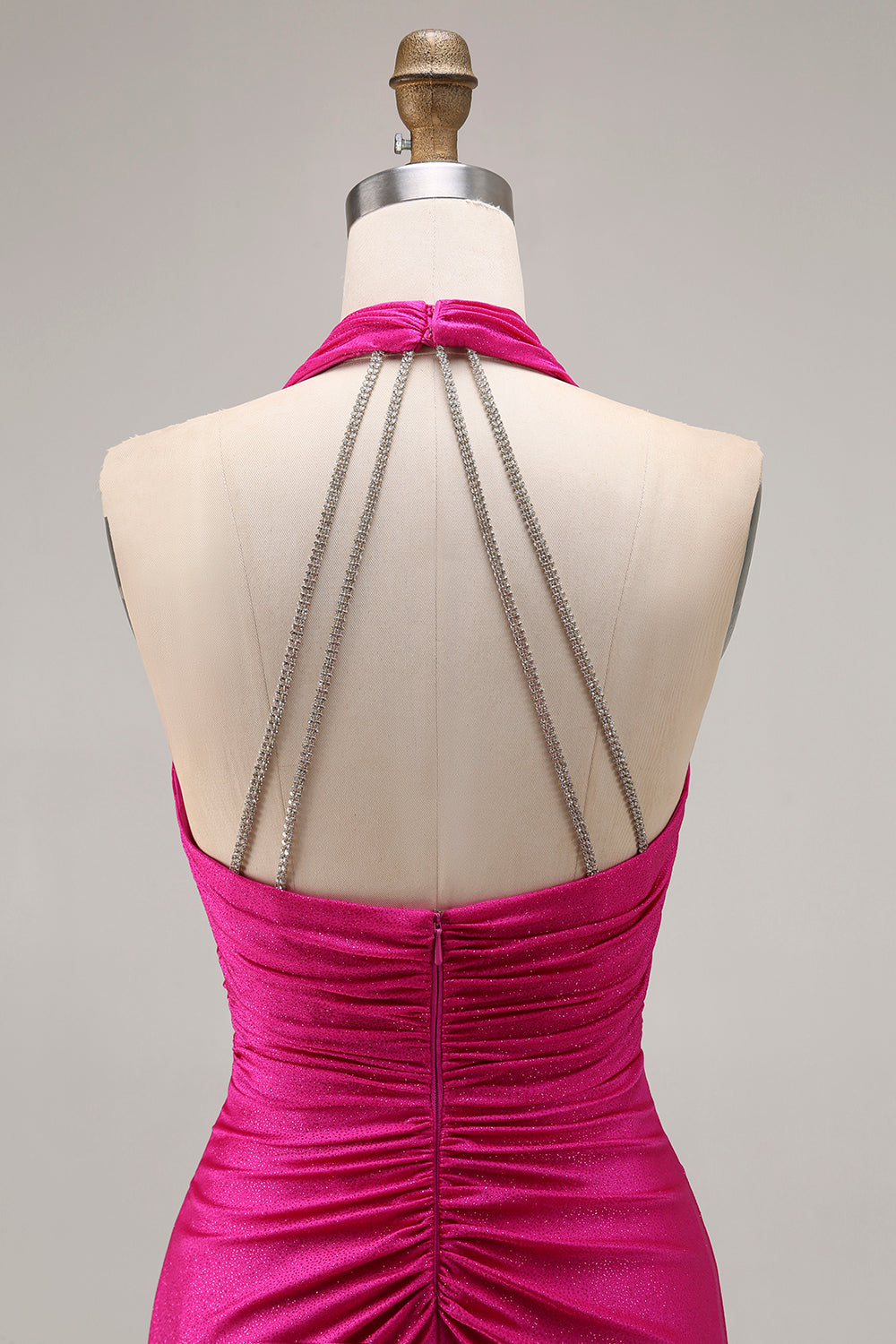 Glitter Fuchsia Mermaid Halter Ruched Long Prom Dress with Slit