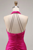 Glitter Fuchsia Mermaid Halter Ruched Long Prom Dress with Slit