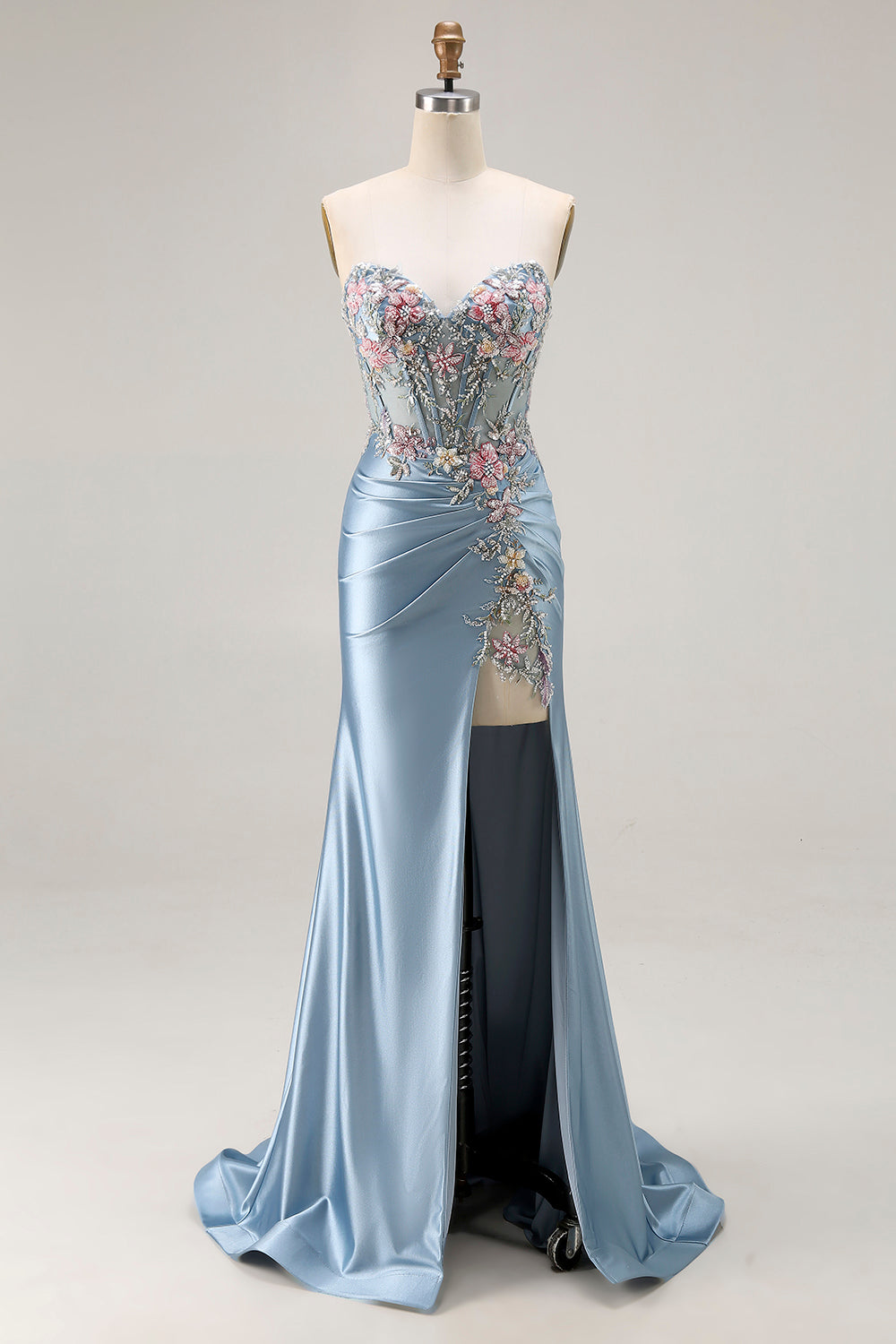 Floral Satin Grey Blue Mermaid Ruched Long Corset Prom Dress with Slit