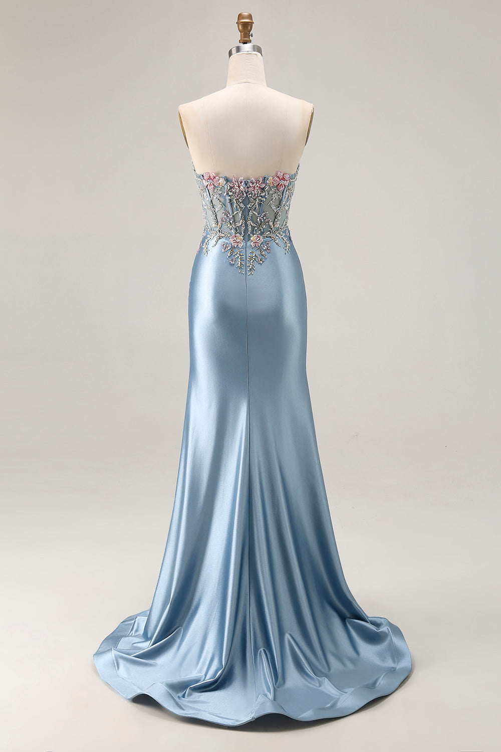 Floral Satin Grey Blue Mermaid Ruched Long Corset Prom Dress with Slit