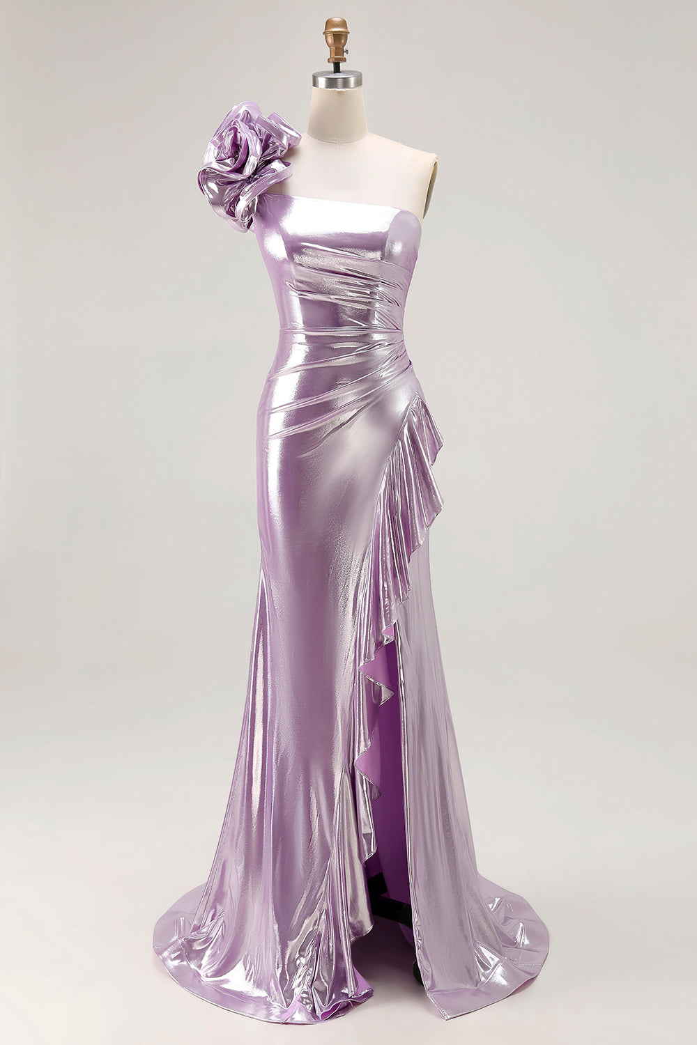 Sparkly Light Purple Mermaid Metallic Ruffled Long Prom Dress with 3D Flower