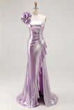 Sparkly Light Purple Mermaid Metallic Ruffled Long Prom Dress with 3D Flower