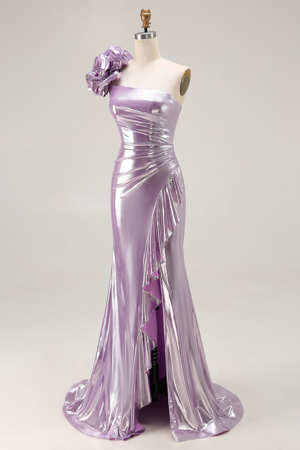 Sparkly Light Purple Mermaid Metallic Ruffled Long Prom Dress with 3D Flower
