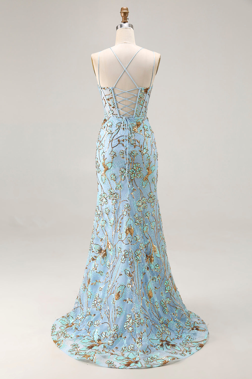 Sparkly Lake Blue Mermaid Sequins Long Corset Prom Dress with Slit