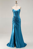 Royal Blue Satin Mermaid Ruched Maxi Corset Prom Dress with Slit