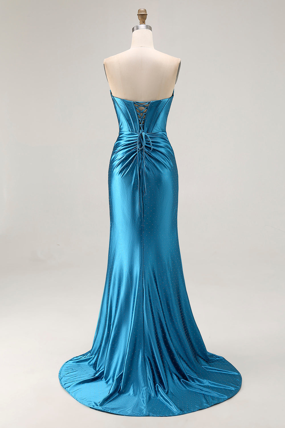 Royal Blue Satin Mermaid Ruched Maxi Corset Prom Dress with Slit