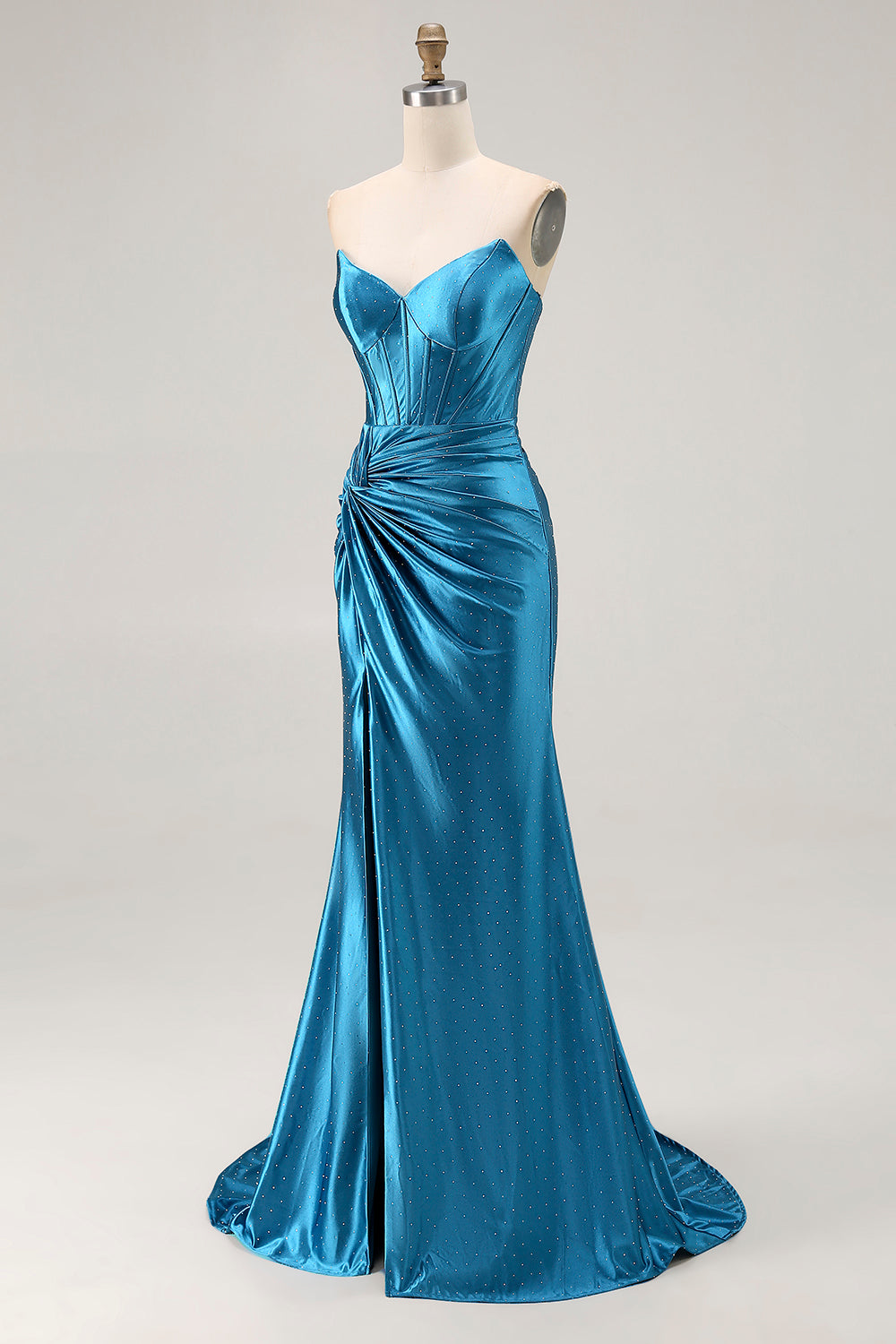 Royal Blue Satin Mermaid Ruched Maxi Corset Prom Dress with Slit
