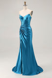 Royal Blue Satin Mermaid Ruched Maxi Corset Prom Dress with Slit