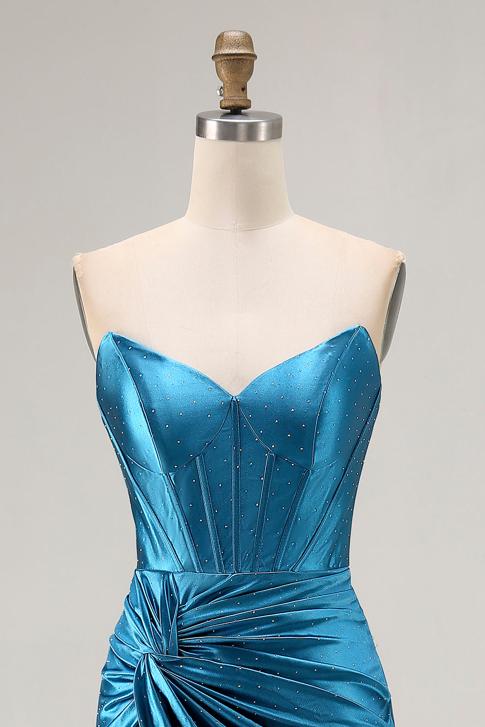 Royal Blue Satin Mermaid Ruched Maxi Corset Prom Dress with Slit
