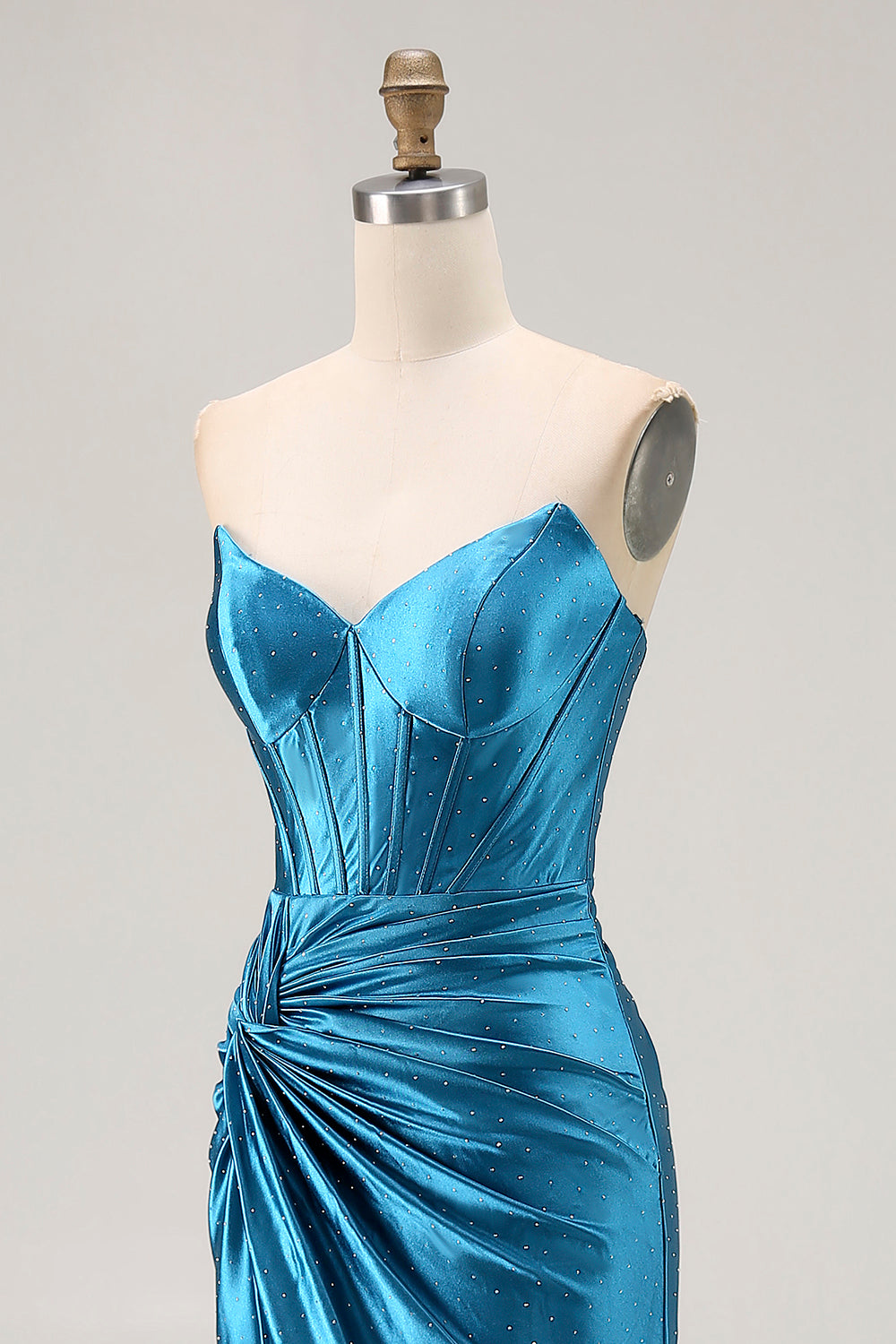 Royal Blue Satin Mermaid Ruched Maxi Corset Prom Dress with Slit