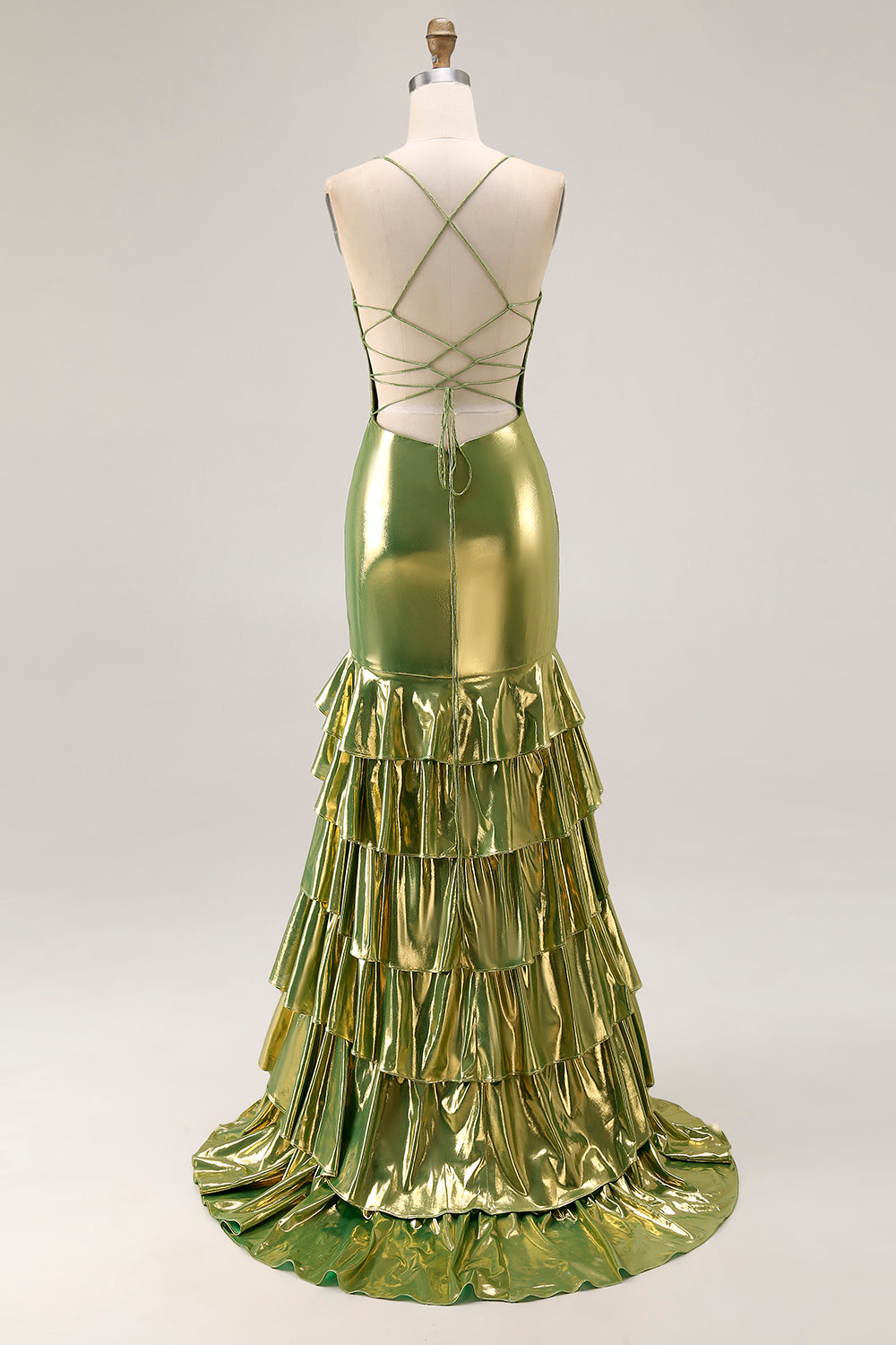 Gold Tiered Metallic Mermaid Long Prom Dress with Ruffles