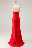 Red Ruched Satin Mermaid Maxi Corset Prom Dress