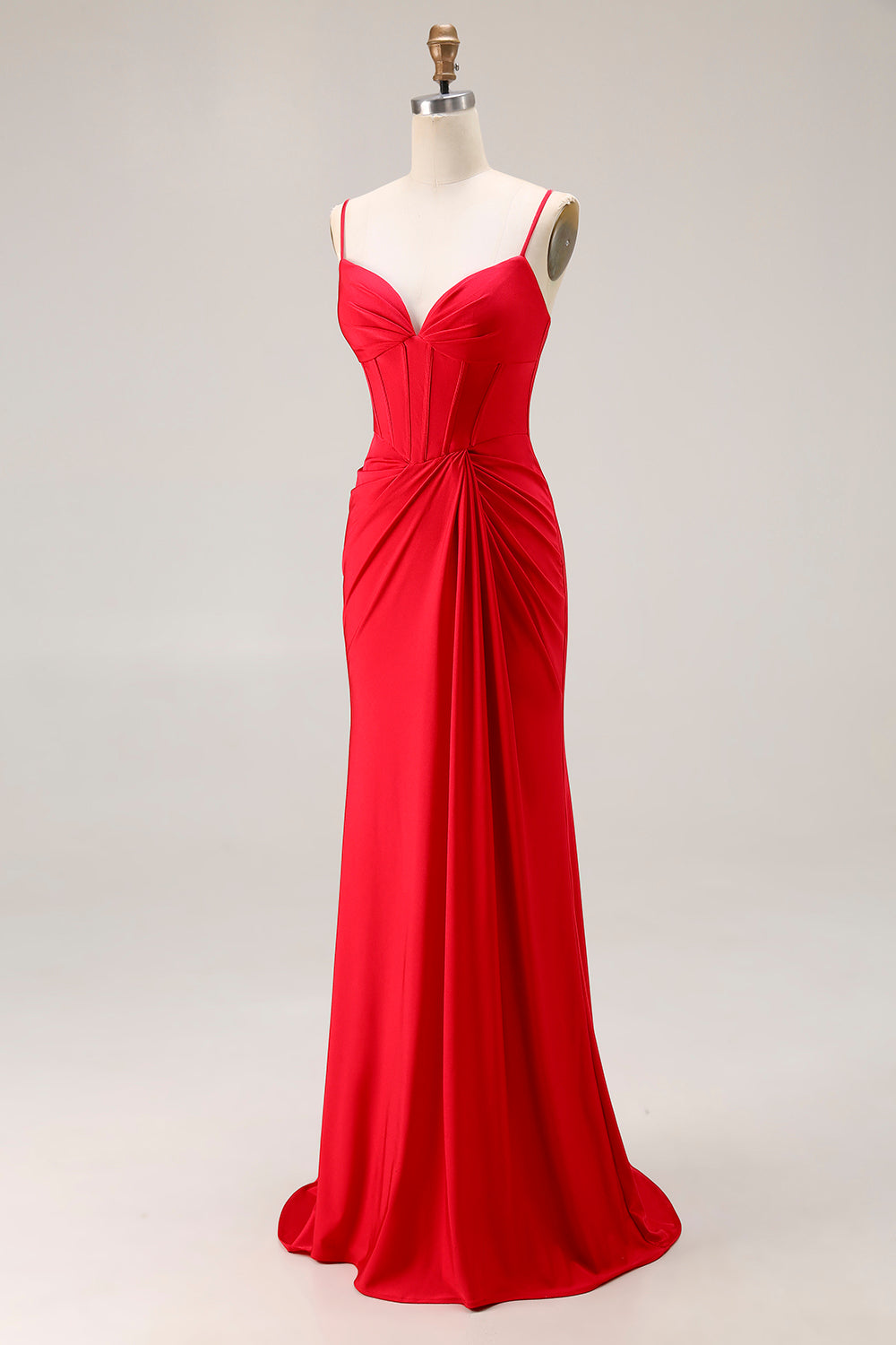 Red Ruched Satin Mermaid Maxi Corset Prom Dress