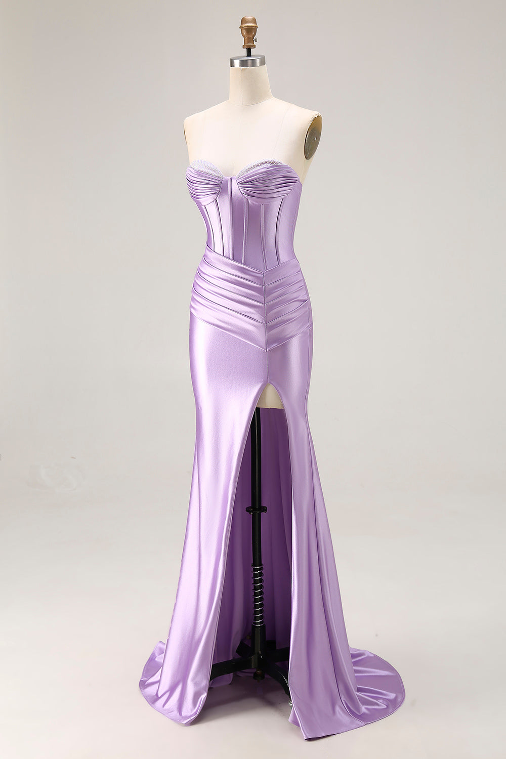 Purple Sweetheart Satin Mermaid Ruched Long Corset Prom Dress with Slit
