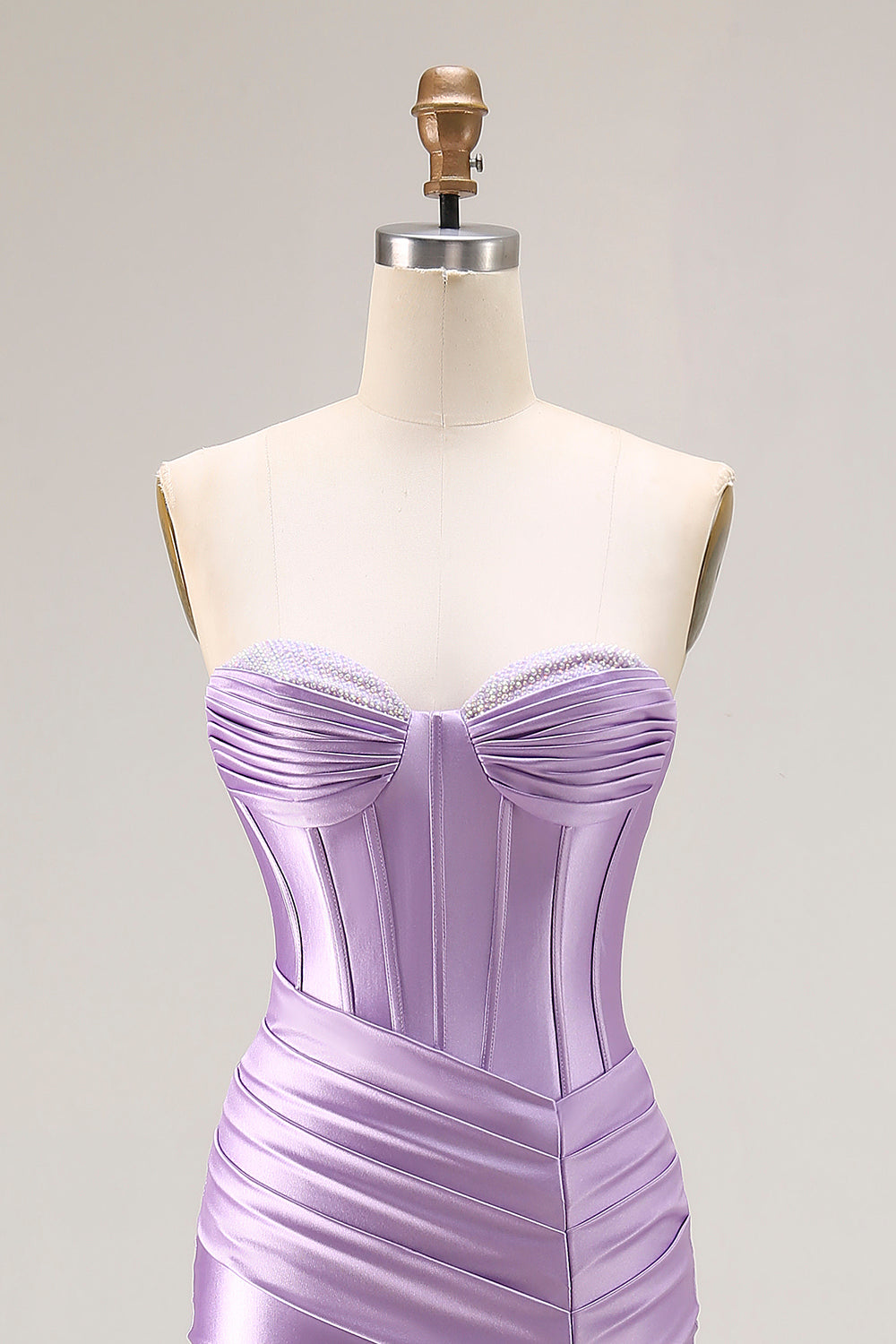 Purple Sweetheart Satin Mermaid Ruched Long Corset Prom Dress with Slit