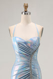 Sparkly Light Blue Mermaid Ruched Metallic Long Prom Dress