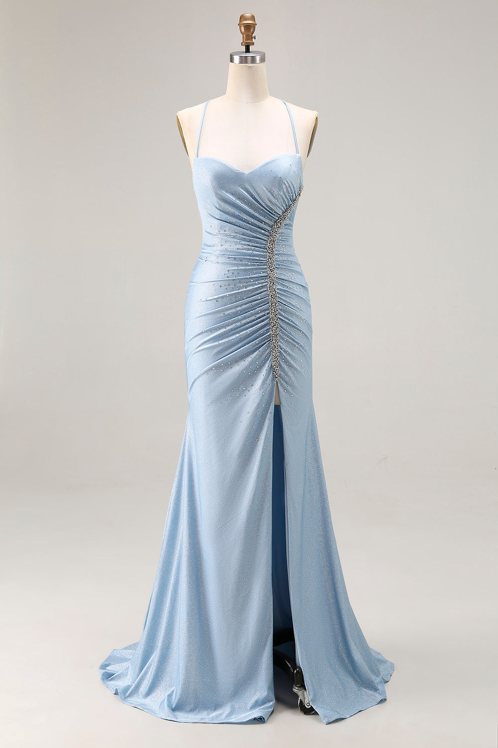 Sparkly Light Blue Mermaid Beaded Satin Long Prom Dress with Slit