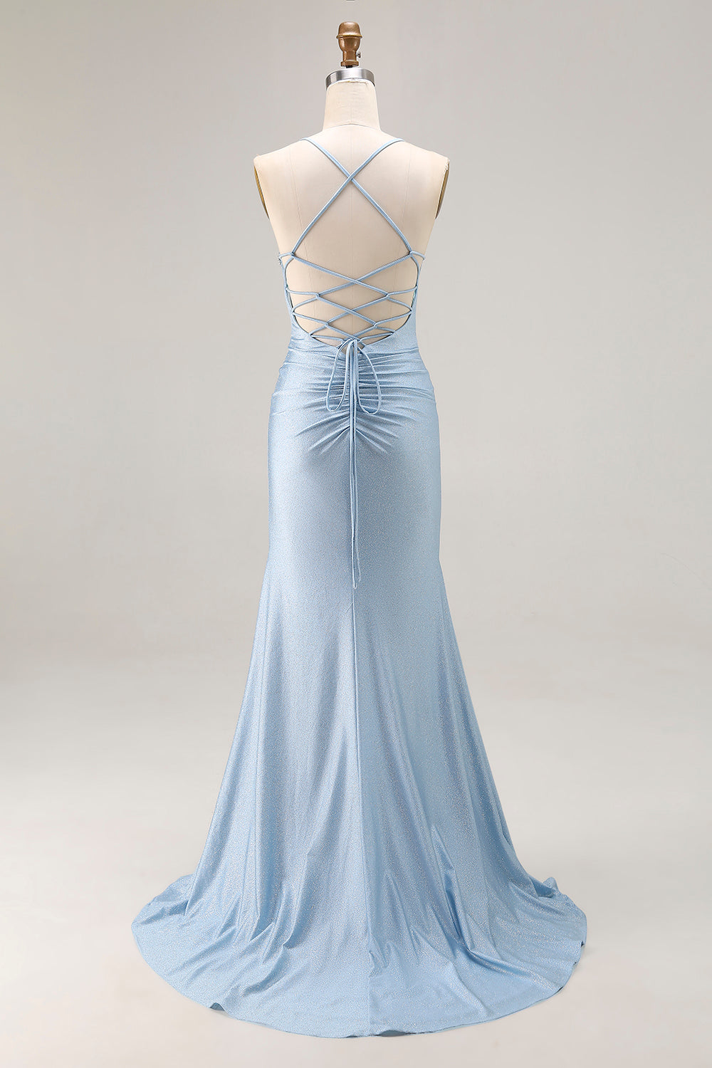 Sparkly Light Blue Mermaid Beaded Satin Long Prom Dress with Slit