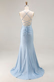 Sparkly Light Blue Mermaid Beaded Satin Long Prom Dress with Slit