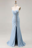Sparkly Light Blue Mermaid Beaded Satin Long Prom Dress with Slit