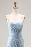 Sparkly Light Blue Mermaid Beaded Satin Long Prom Dress with Slit