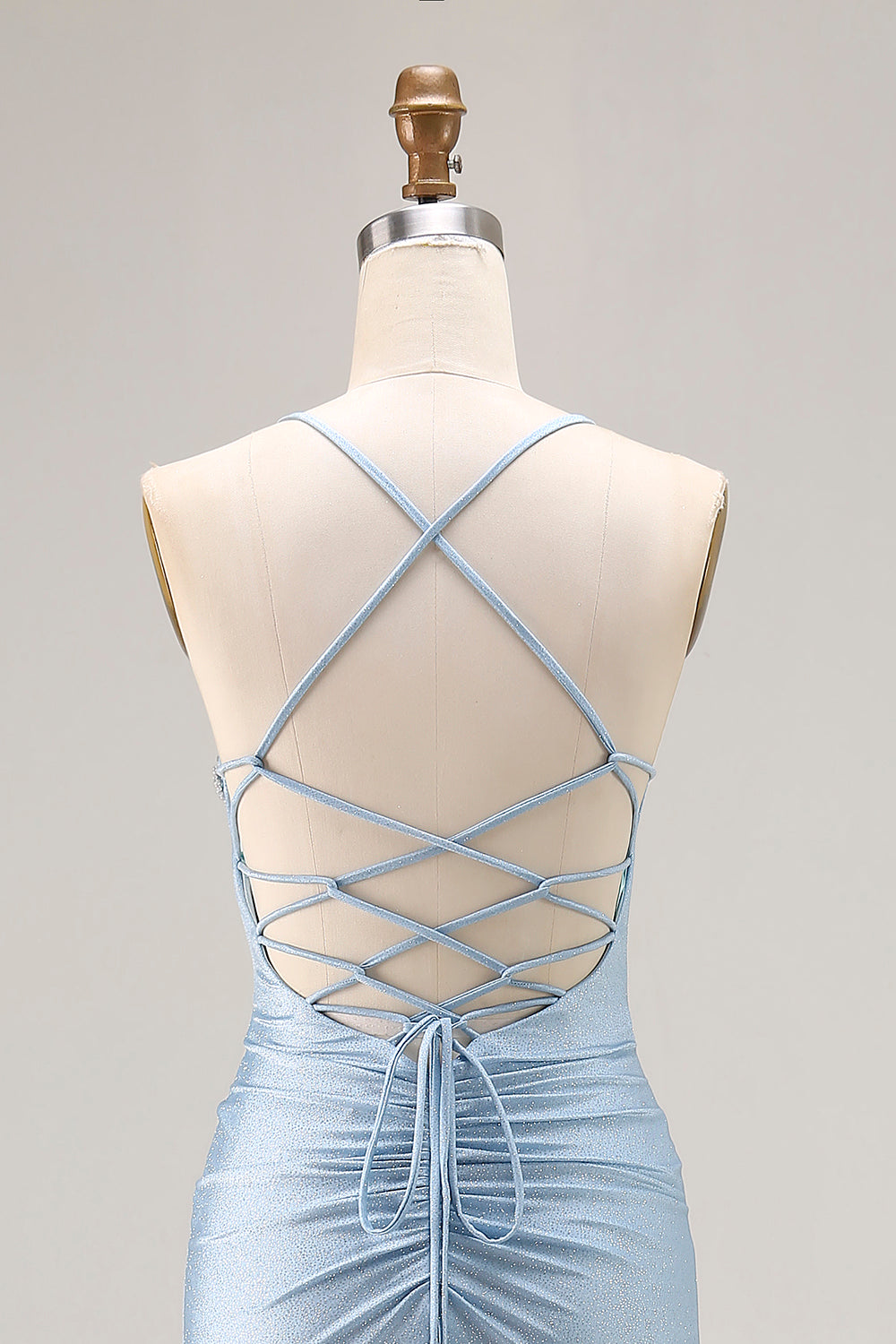 Sparkly Light Blue Mermaid Beaded Satin Long Prom Dress with Slit