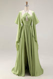 Sage Green Corset Keyhole A Line Long Prom Dress with Slit