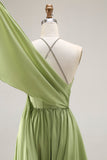 Sage Green Corset Keyhole A Line Long Prom Dress with Slit
