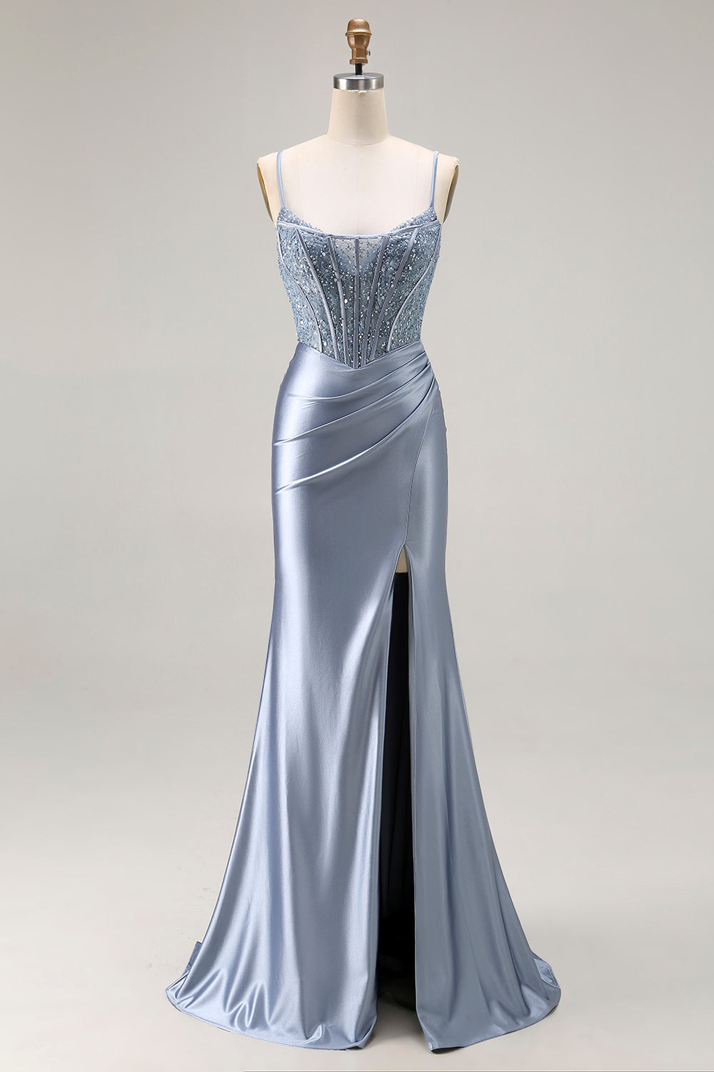 Sparkly Grey Blue Corset Mermaid Long Prom Dress with Beading